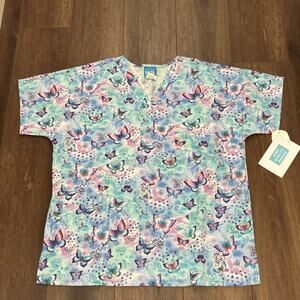 H.Q. Womens Scrub Top Multicolor Butterfly Pattern V Neck Pockets Womens S NWT